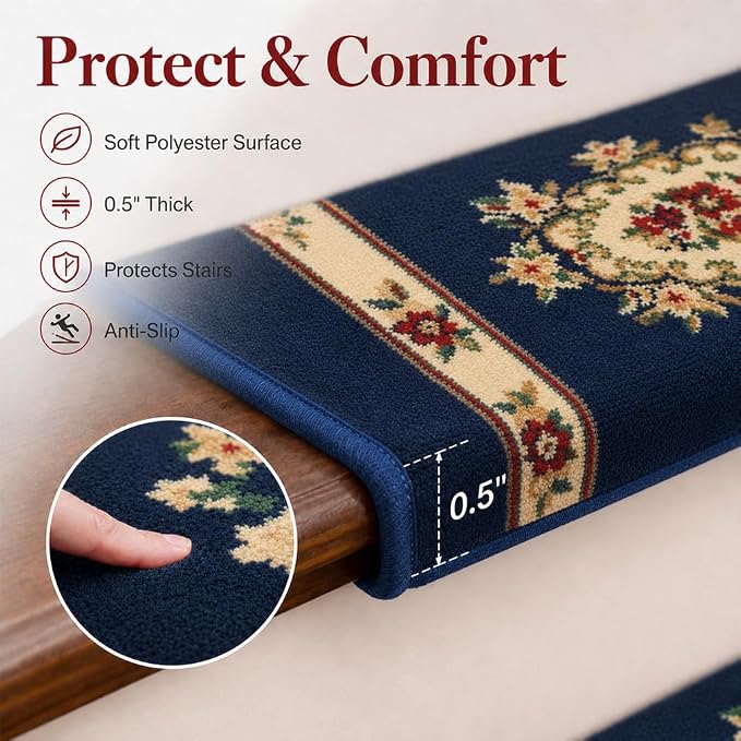 Rounded Bullnose Carpet Stair Treads for Wooden Steps Indoor, No Tape Non Slip Step Mats with TPU Backing & Steel Reinforced Edge for Dogs Elders,Navy Floral,2