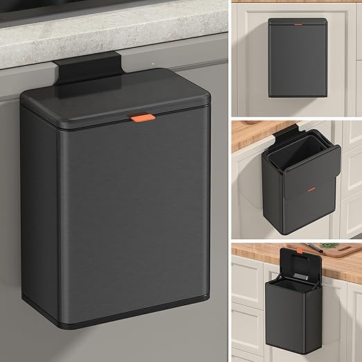 Mbillion 2.1 Gal Brushed Black Hanging Stainless Steel Compost Bin | 8L trash can with lid, cabinet & under sink door mount design, for kitchen, RV and bathroom food waste storage