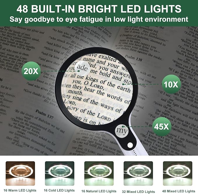 Magnifying Glass with 48 LED Light, 10X 20X 45X Handheld Illuminated Lighted Magnifier with 5 Light Modes Rechargeable Magnifying Glass for Seniors Reading Inspection (Black & White)