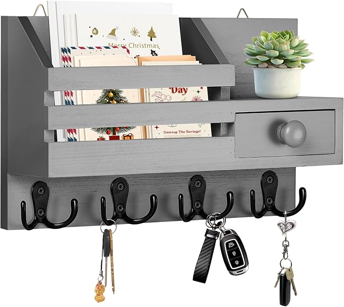 Key Holder Wall Mount, Wooden Key and Mail Organizer, Gray | 2 Mount Options, Includes 8 Hooks, Fence Mail Slot, Small Drawer and Shelf, for Entryway, Hallway, Doorway, Living Room, RV