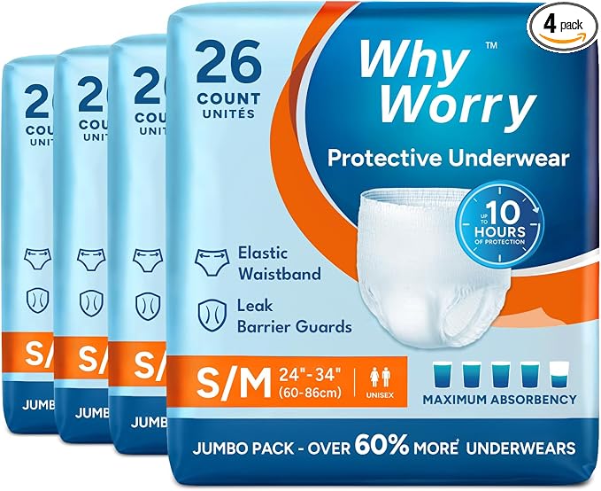 WhyWorry Incontinence Underwear for Women & Men, Small/Medium, 104 Count | Disposable Adult Pull Ups with Maximum Absorbency, Leakproof Adult Diaper Pants, Overnight Protection, Odor Control, Unisex