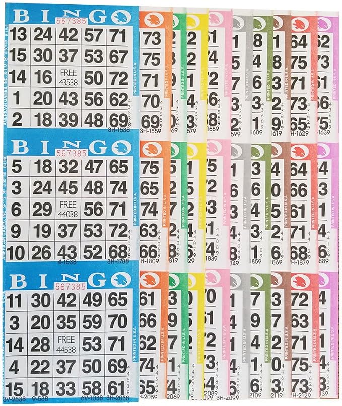 Bingo Paper Game Cards – 3 Card – 10 Bingo Sheets – 100 Books – 10 Colors, Made in USA