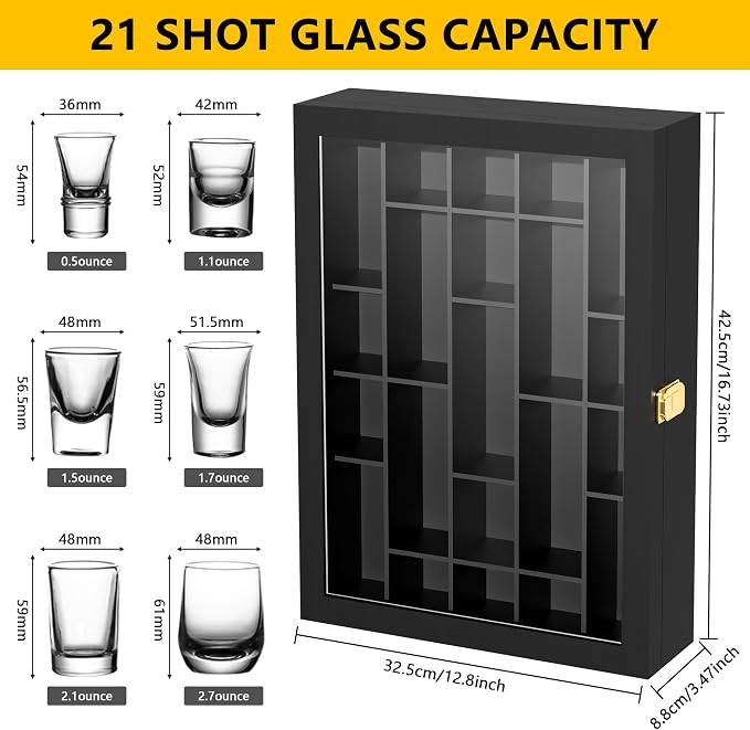 Invech Black Shot Glass Display Case Wall Mounted, Irregular Shot Glass Holder Storage for Home and Bar Decor