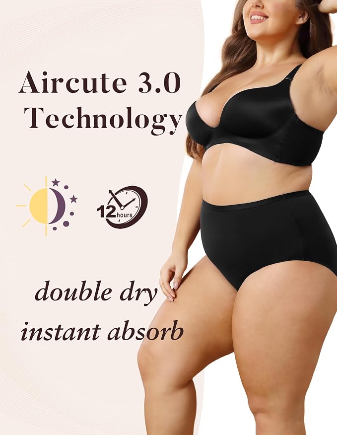 AIRCUTE Washable Urinary Incontinence Protective Underwear for Women Leak Proof Absorbent Reusable Panties 60ML 1 Pack (Black, X-Large)