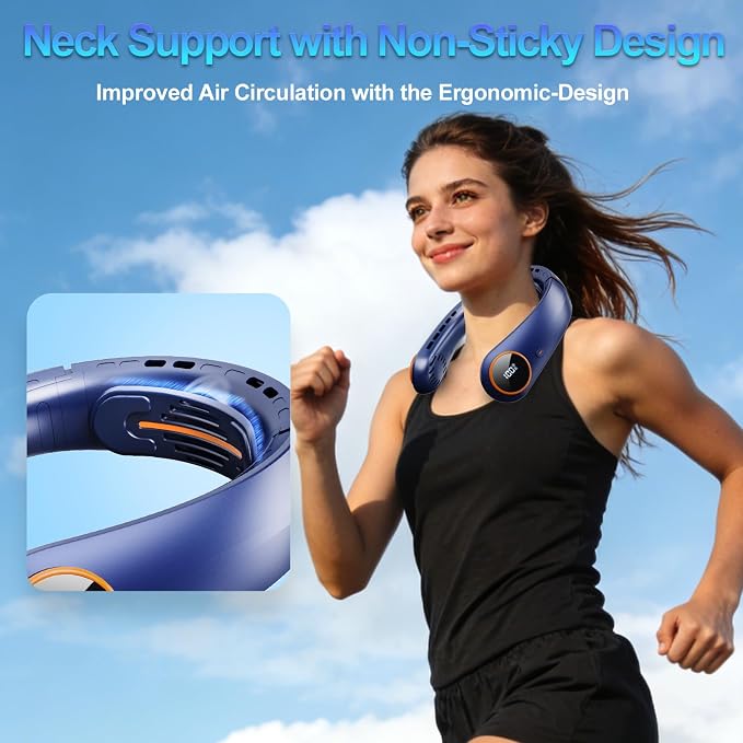 Portable Neck Fan, 5000mAh Bladeless Fan with 3 Built-in Fans, Instant Cooling 360° Surround Airflow & LED Display, Wearable Personal Fan for Outdoor, Travel, Gifts for Women Men (Blue)