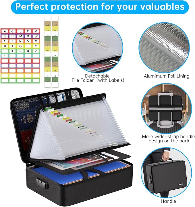 ENGPOW Fireproof Document Box with Lock,5200℉ Multi-Layer File Organizer | Soft Case,with 25 Pocket Accordion File Folder,Water Resistant,Storage for Important Documents,Laptop,for Home Office Travel