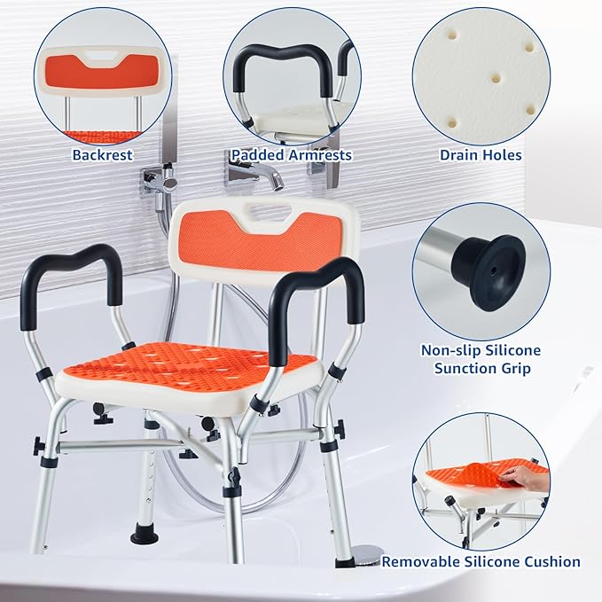 Shower Chair for Inside Shower, Padded Shower Seat Chair with Arms and Back, 6-Level Adjustable Shower Stool Chair for Elderly and Disabled, 550 LB Heavy Duty Handicap Shower Bath Chair