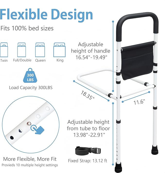 Bed Rails for Elderly Adults with Floor Support, Adjustable Bed Cane with Storage Pocket and Extension Legs for Seniors Hold up to 300 Lbs, Grab Bar Handle Fits King Twin Full Size Bed