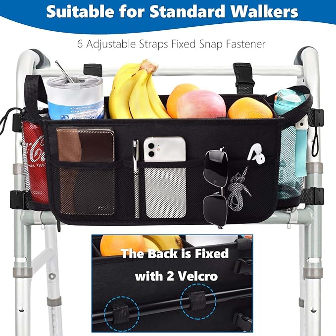 Upgrade SKLK-SEL Walker Basket Walker Bag with Cup Holder, Foldable Walker Storage Bag Rollator Accessories Bag with Big Capacity for Seniors Walker and Rollator Walker. Suitable for Most Walkers