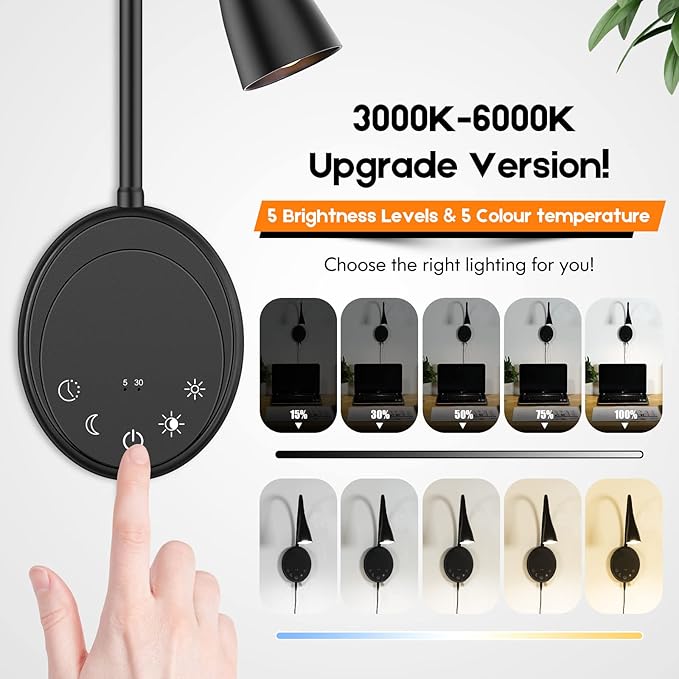 LED Wall Mount Reading Light, Bedside Reading Lights with Touch Control, 5 Dimmable, USB Output, Night Light & Timers, Flexible Gooseneck Headboard Bed Lights Wall Sconce