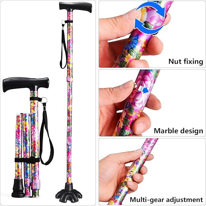 Floral Canes for Women Folding Cane for Stability with Non-Slip Base, Adjustable Walking Cane for Seniors - Lightweight Collapsible Walking Sticks with T & Offset Handle