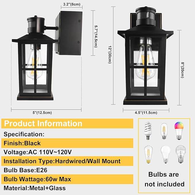 Motion Sensor Porch Lights with GFCI Outlet, Outside Dusk to Dawn Wall Mount, 3 Lighting Modes Exterior Light Fixture Waterproof, Outside Wall Lamp for House Patio Garage.(Black,1 Pack)