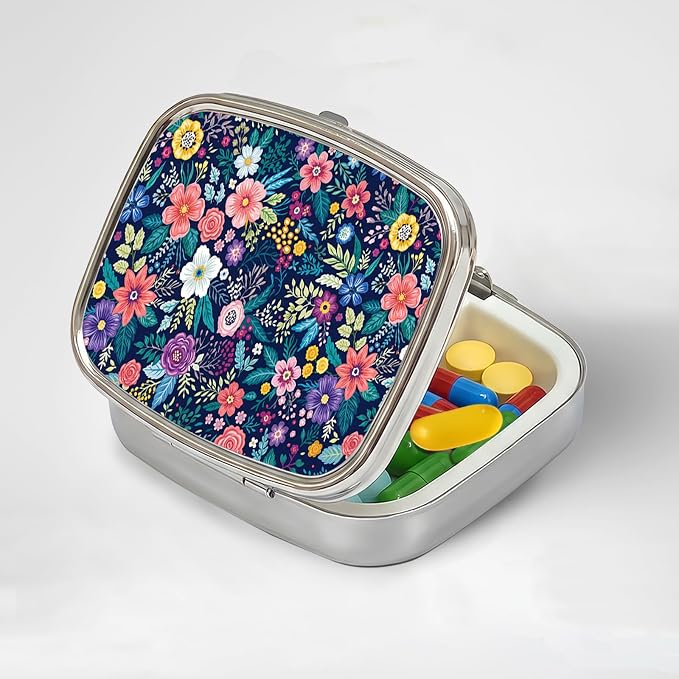 LRITER Pill Case, 2 Compartment Portable Small Travel Pill Organizer for Purse and Pocket, Stylish Medicine Case with Multiple Patterns, Daily Pillbox for Home & Travel (Colorful Flowers)
