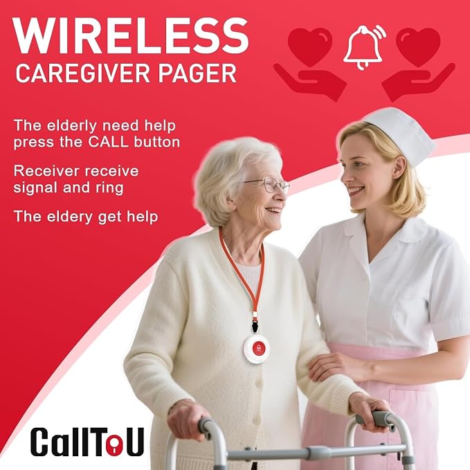 CallToU Caregiver Pager Wireless Call Button Nurse Alert System 500+ Feet for Home/Elderly/Patient/Disabled 2 Plugin Receivers 3 Waterproof Transmitters