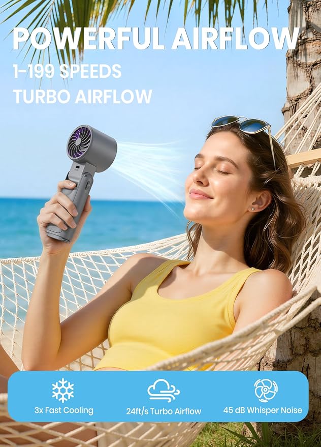 Portable Handheld Turbo Fan, 1-199 Speed Adjustable, Grey Purple | 4 IN 1 Pocket Design with LED Display, High-Power Motor, Rechargeable Battery, Mini Fans for Indoor/Outdoor/Travel/Work