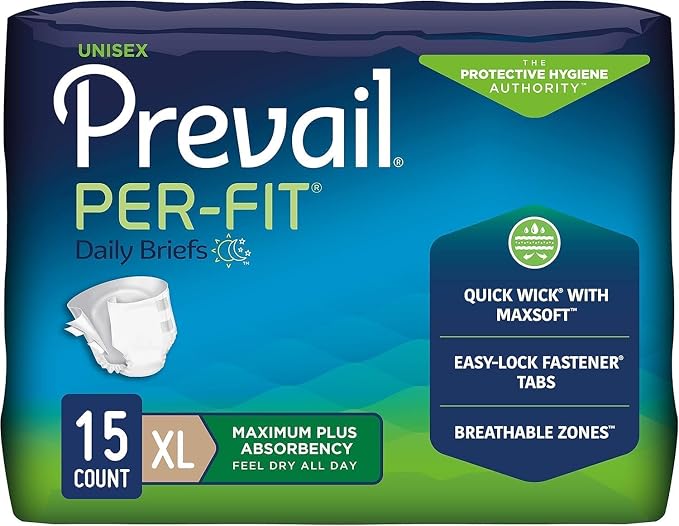 Prevail Per-Fit Daily Briefs, Incontinence, Disposable, Maximum Plus Absorbency, XL, 15 Count, 1 Pack