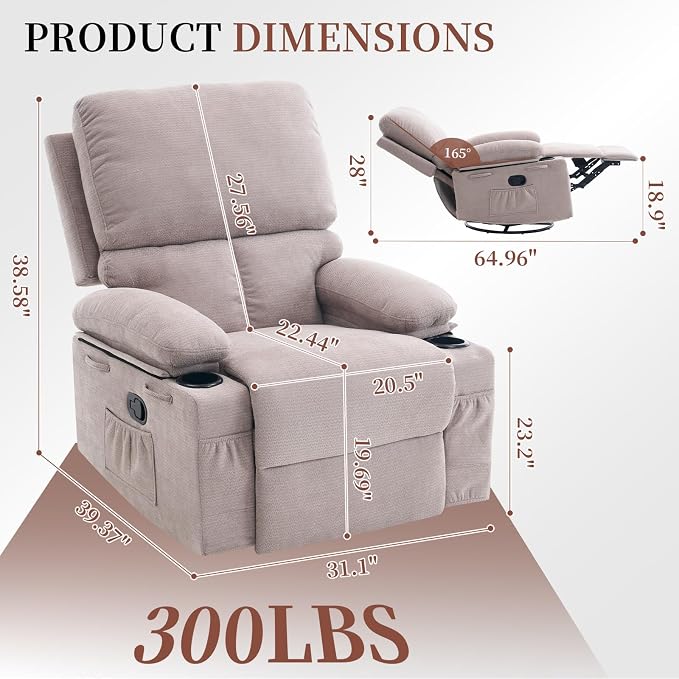 Recliner Chair for Adults, Swivel Rocker Recliner with Massage and Heat, Nursery Glider Recliner, Manual Reclining Chair with Cup Holder and Side Pocket, Rocking Chair for Bedroom, Gray
