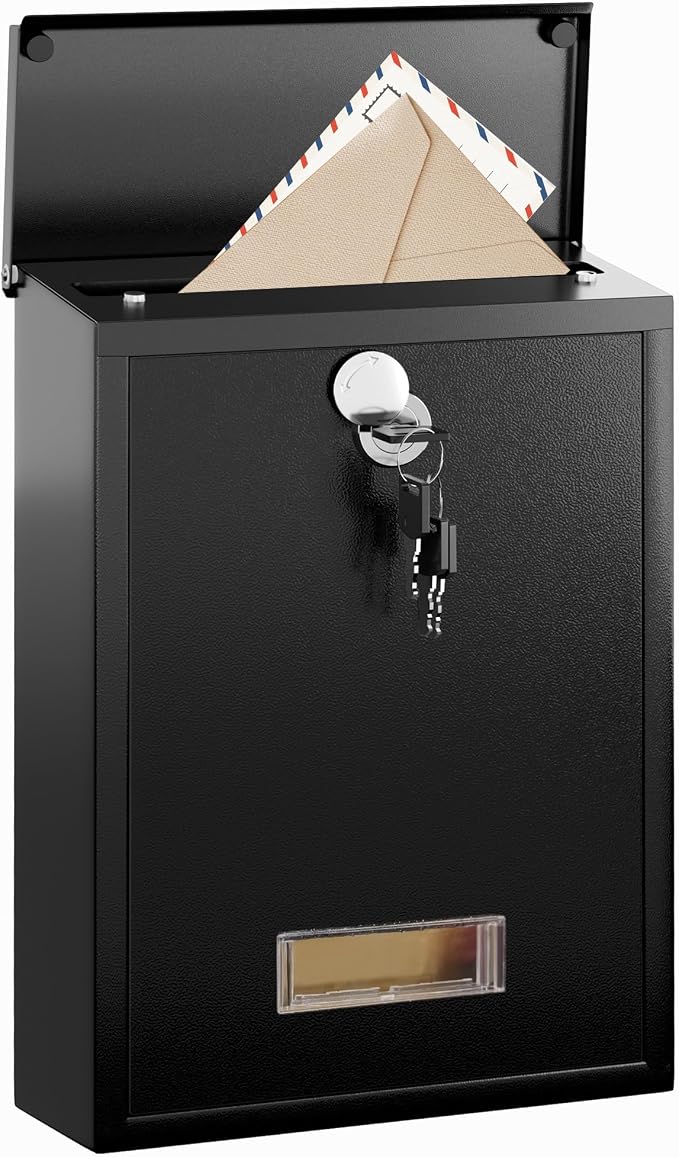 LAND·VOI Locking Wall-Mount Mailbox for Outside, with 4 Keys, Galvanized Steel Rustproof Metal Postbox, 3.1" Dx7.5 Wx10.8 H, Includes 3 Sets of Mailbox Numbers, Nameplate, Black, AMB32B