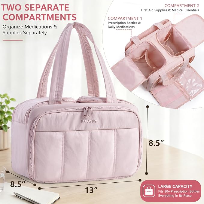 Travel Medicine Storage Bag with 2 Compartments, Wide-Mouth Medical Organizer, Puffy Lightweight First Aid Bag for Prescription Bottles, Pill Cases, Medical Supplies & Family Emergency Essentials