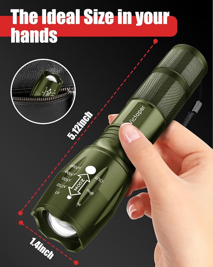 Victoper LED Flashlight 2 Pack Green, Bright Tactical Torch High Lumens 5 Modes, Waterproof Zoomable Flash Light for Outdoor, Birthday Gifts for Men, Dorm Room Hiking Camping Essentials Gear for Guys