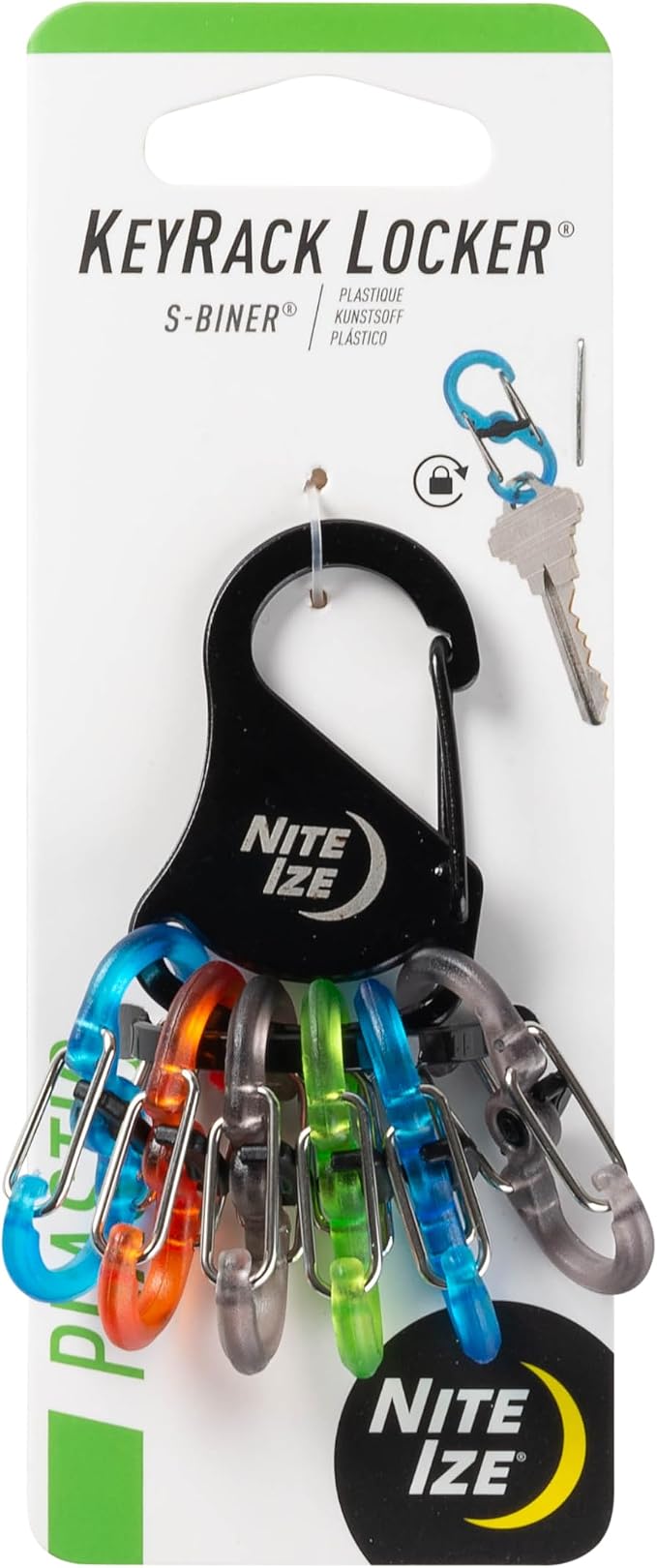 Nite Ize KeyRack Steel S-Biner - Plastic Key Carabiner Organizer with 6 S-Biners - Keychain Accessories to Hold Keys Securely and Separately