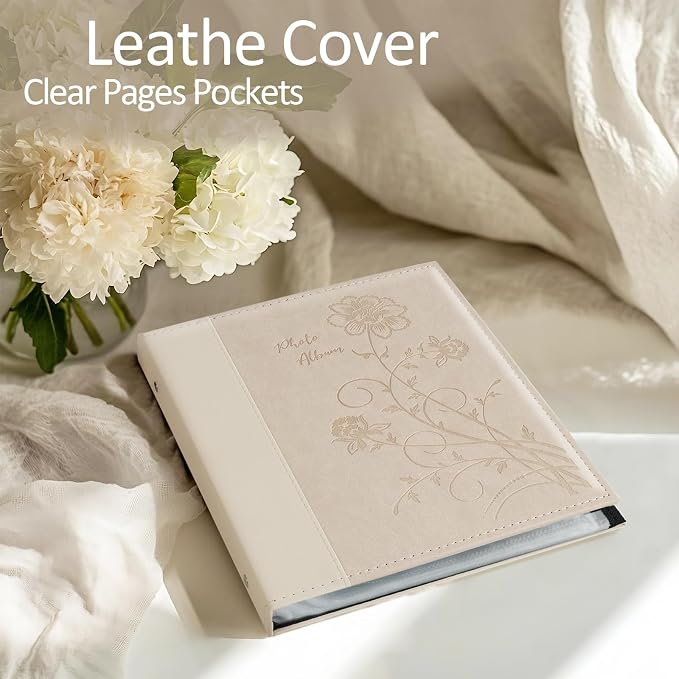 Photo Album 8x10 Clear Pages Pockets Leathe Cover Slip Slide in Photo Album Holds 100 Vertical 8x10 Photos Picture Book for Wedding Family (Beige)