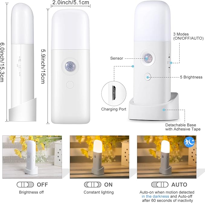 CREWEEL Motion Sensor Night Light Indoor, 2000mAh Battery Operated Lights, Cordless Table Lamps for Kids, 5 Stages Dimmable LED Nursery Night Lights for Bedroom, Bathroom, Hallway