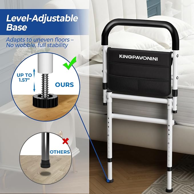 KingPavonini Bed Rails for Elderly Adults Safety ASTM-Approved, 2026 Upgrade Bed Rails for Seniors with Adjustable Anti-Wobble Feet, 400lb Bed Cane, Non-Slip Handle & Storage Bag, No-Tools, Model GL04