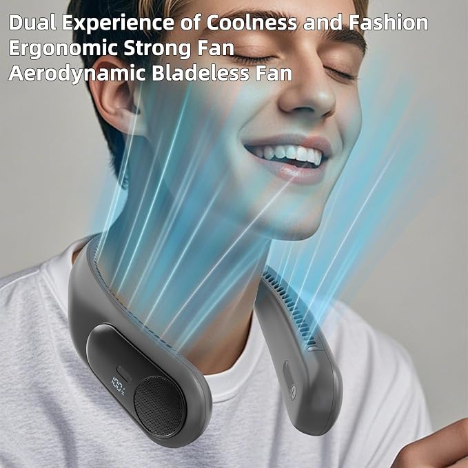 Portable Neck Fan, Personal Wearable Bladeless Fan for Outdoor Indoor, LED Display, 360° Cooling, 4-Speeds, 6000mAh USB Rechargeable, Birthday Gifts for Men Women Dad Mom (Dark grey)