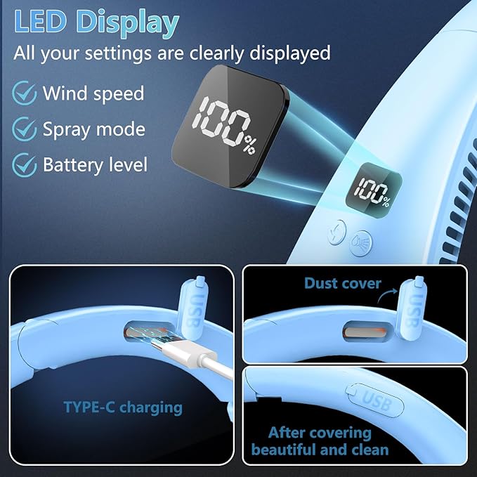 Neck Fan with Mist,Foldaway Neck Fan with Mist,Personal Fan for Neck Wearable Hanging around,Cordless Neck Coolers for Female Male Kids Dad Mom Extremely Hot Weather Light Blue