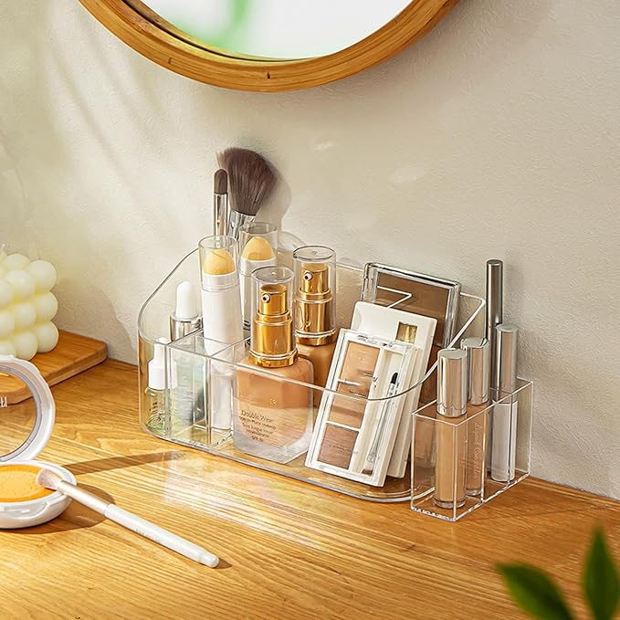 MORNITE Bathroom Counter Shelf Vanity Trays, Makeup Organizer Tray with 9 Compartments, Trays Holders for Medicine Bathroom Cabinet, Clear