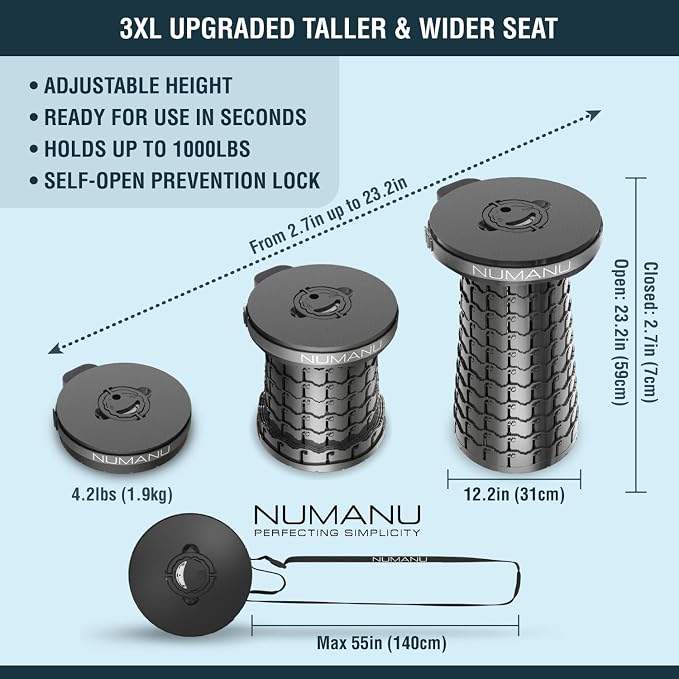 NUMANU 3XL Cushioned Collapsible Stool for Adults, Folding Seat, 1000 lbs | Oversized big & tall stool, telescoping 2.7-23.2in adjustable, 360 swivel pad + waterproof bag; travel, sports, camping