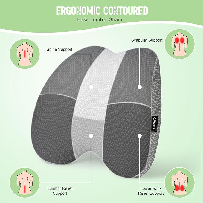 Lumbar Support Pillow Office Chair Car Back Pillow Ergonomic Lower Back Pain Relief Breathable Air Fiber Cushion with Hours Sitting on Worker Driver & Handicapped, Adjustable Strap (Light Gray)