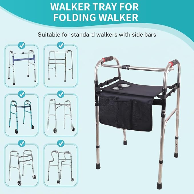 Walker Tray for Folding Walker, Tray for Walkers for Food, 3 Front Pockets & 2 Cup Holders, Fits Most Standard Rolling Folding Walkers, Walker Accessories for Senior, Black