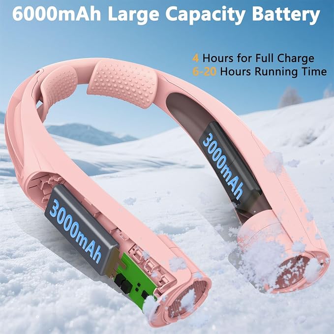 Neck Fan, 6000mAh USB Rechargeable Hands Free Personal Fan, 6 Speeds Adjustable Portable Neck Fans, Faster Cooling Wearable Fan, Ultra Quiet for Outdoor, Travel, Home, Office - Pink