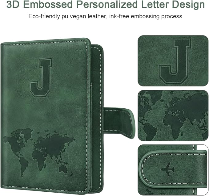 Passport Holder Wallet Cover Personalized Initial Travel Essentials | Embossed Letter A-Z Design, Travel Wallets, RFID Blocking, Passport Book Holders, Women Men, Personalized Gifts, Green-J
