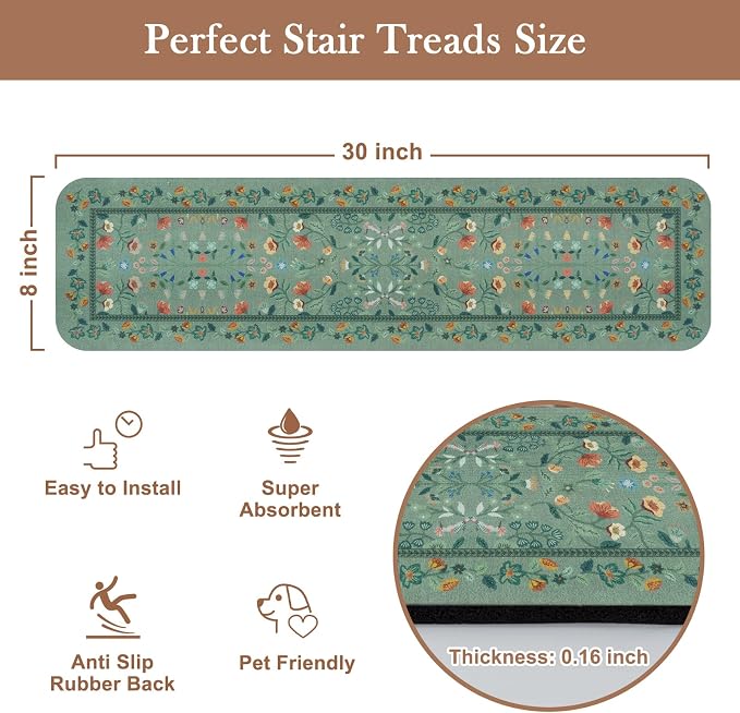 OJIA Non-Slip Stair Runner for Wooden Steps 15PC 30"x8" Carpet Stair Treads | Indoor Floral Stair Treads Carpet Stair Mats Staircase Step Treads for Kids, Elders and Dogs, Stair Covers, Green