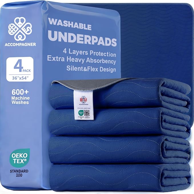 Accompagner Incontinence Bed Pads Washable Waterproof, Ultra-Absorbent Reusable Underpads for Diaper Changing, Nursing, Bedridden, Adults, Seniors, Kids and Dogs (Navy, 36"x54"(Pack of 4))
