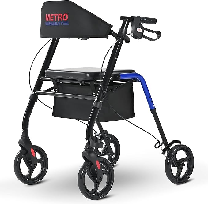 Metro Mobility Rollator Walker with Seat for Seniors, Foldable Lightweight Rolling Walker, 8" Big Wheels for All Terrain, 300 lb. Weight Capacity, Blue
