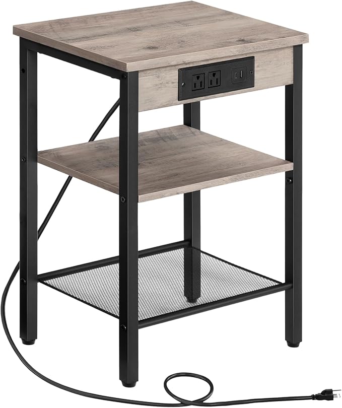 HOOBRO Side Table with Charging Station and USB Port, Small End Table for Small Space, 3-Tier Nightstand with Adjustable Shelf, for Living Room, Bedroom, Greige and Black BG112BZ01