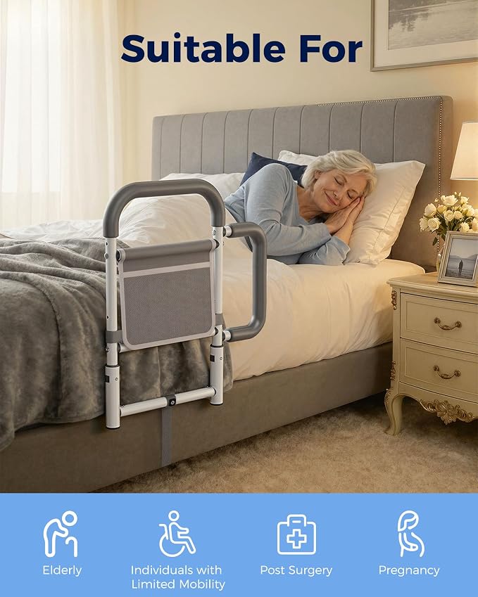 ONTHEWEI Bed Rails for Elderly Adults Safety, with Double Non-Slip Handle & Storage Pouch, Fits Most Bed Sizes, Bed Assist Rails for Seniors and Post-Surgery,Reduce Falls & Support Independence