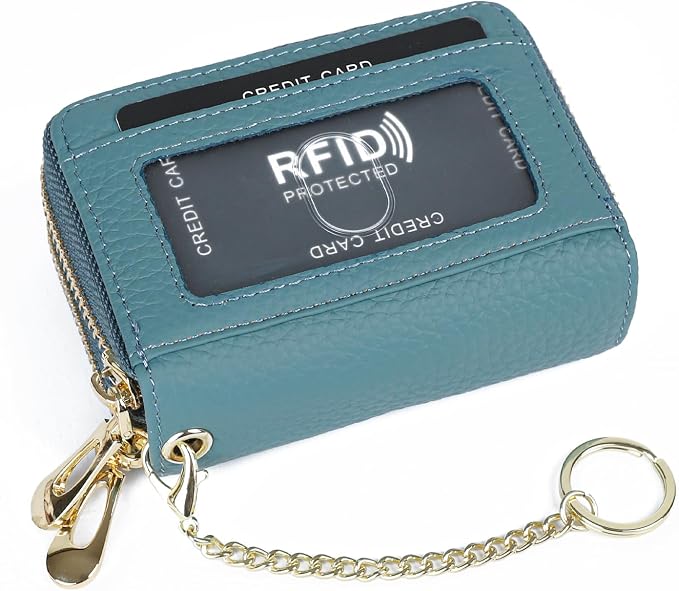 imeetu RFID Credit Card Holder, Small Card Wallet Women, Leather Card Case | Genuine Leather Women's Card & id Cases, Change Coin Purse with Zipper Keychain id Window, 20 Colors & 3 Styles, Daily, Gifts