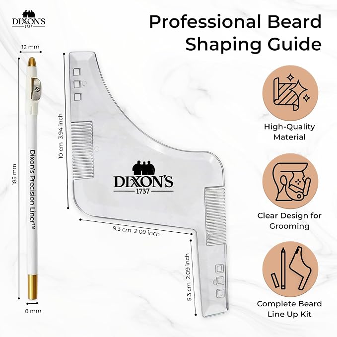 Dixon's 1737 Clear Line Pro Beard Shaper Tool for Men with Precision Liner Pencil, Transparent Beard Line Up Guide Template with Comb Edges Neckline and Cheek Line Trimming