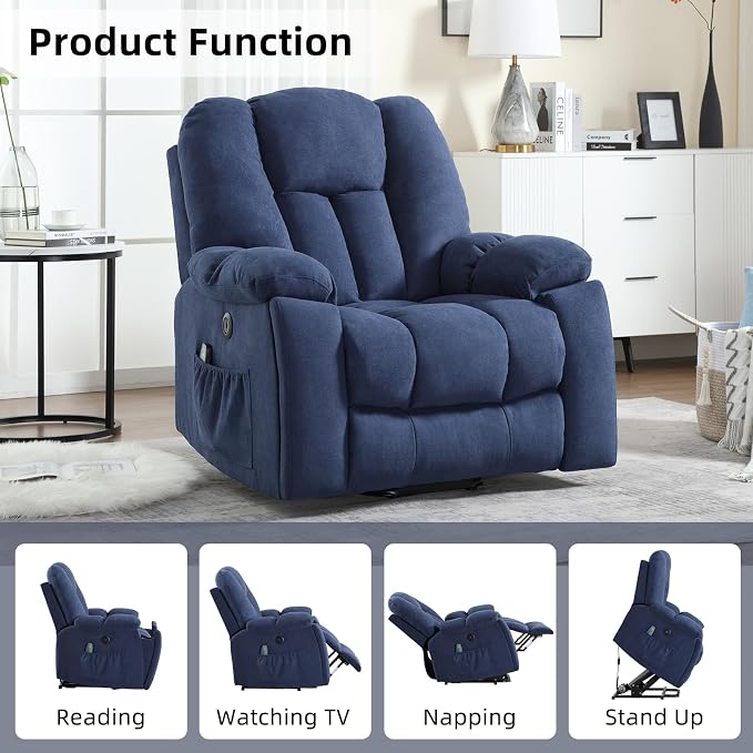 Power Lift Recliner Chair with Massage and Heat for Elderly, Overstuffed Wide Recliners, Heavy Duty and Safety Motion Reclining Mechanism with USB Ports, 2 Concealed Cup Holders, Navy Blue