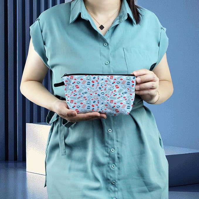 Livel lhood Blue Medical Supplies Small Makeup Zipper Bag | Blue Medical Supplies Printed Cosmetic Organizer Pouch, Medical Theme Gift for Women Friends, Cute Travel Toiletry Bag
