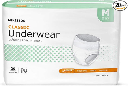 McKesson Classic Adult Incontinence Underwear, [20 Count], Light Absorbency, Medium, 32-44 in. Unisex Bladder Leak Protection, Pull-On Style with Tear-Away Sides, Postpartum and Incontinence Support