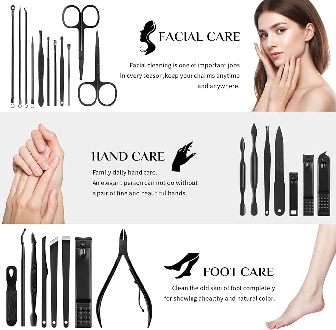 MINKINH Manicure Set Professional Nail Clipper Kit-26 Pieces for Men, Black | Stainless Steel Manicure Kit, Nail Care Tools with Luxurious Travel Case Nail Grooming Kit Gift for Husband Boyfriend Parent