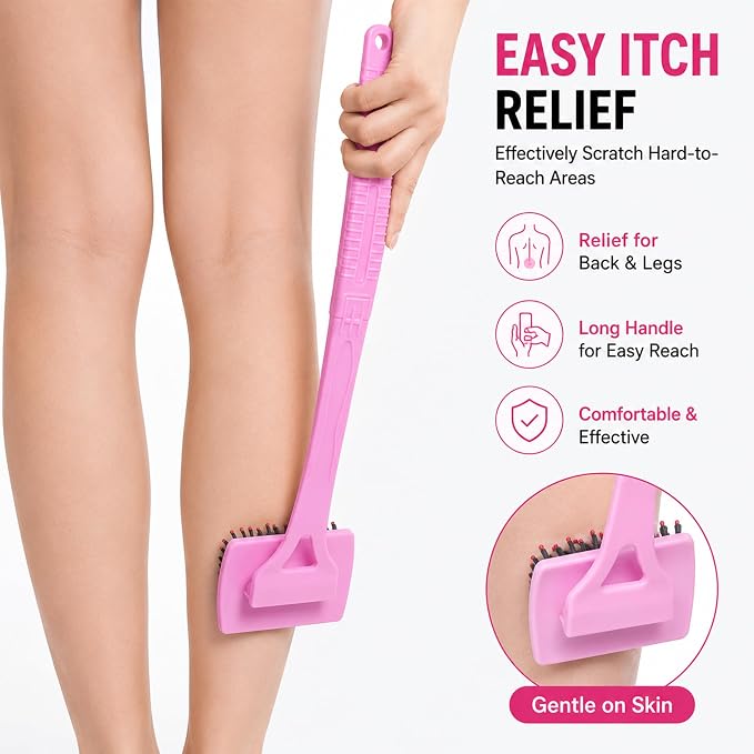 Back Scratcher Extendable Pink Folding Handle for Men Women | Long reach folding handle with soft bristles for back shoulders legs and everyday personal care use at home or travel
