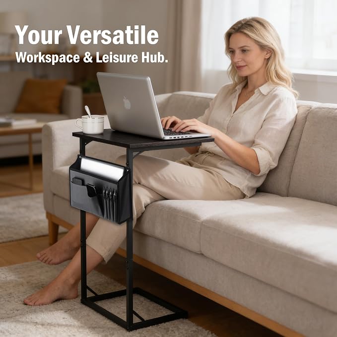 C Shaped End Table for Couch, Small Side Table for Living Room & Bedroom, Slide Under Sofa Table for Laptop, Coffee, Snacks, Easy Assembly, Modern Design