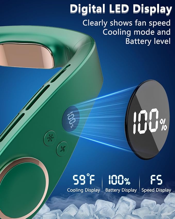 FWV Personal Neck Fan with Cooling Plate, Noiseless 5-Speed Airflow, 5500mAh 3-24H Battery, LED Display Wearable Head Fans, Bladeless Portable Neck Air Conditioner for Worker Traveler Runner Green